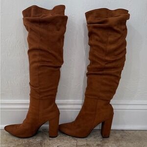 Savile Row Brown Faux Suede Slouchy Knee High Pointed Toe Block Heel Boots